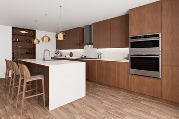 A modern kitchen with beautiful woodwork and sophisticated and stylish appliances