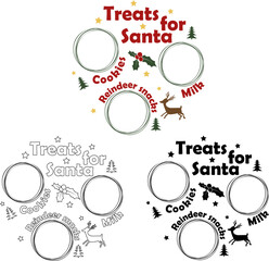 Festive Santa themed tray and plate design vector illustration for serving snacks and treats for the holiday season. Christmas elements for xmas banners, posters, postcards.