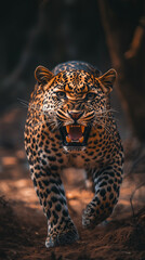 Naklejka premium A close-up dynamic shot of a fierce adult leopard feline in an aggressive stance with its mouth open wide with baring sharp teeth felines