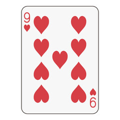 Nine of hearts playing card, traditional red heart design in classic layout.
