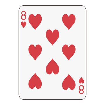 Eight of hearts playing card, classic red heart design with clean layout.
