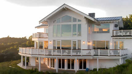 Fototapeta premium Stunning modern white house with large windows and balconies, set against a serene landscape, showcasing contemporary architecture and sunset lighting. Perfect for luxury home inspiration.
