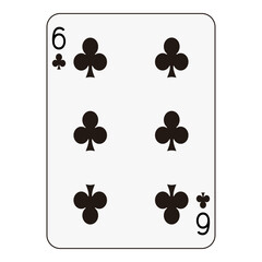 Six of clubs playing card, traditional black clubs design in classic layout.
