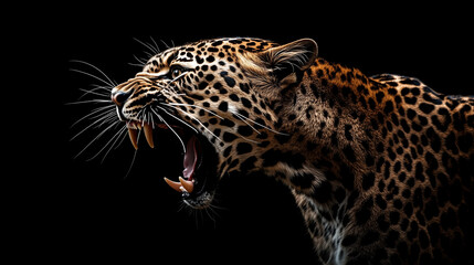 A close-up dynamic shot of a fierce adult leopard feline in an aggressive stance with its mouth open wide with baring sharp teeth felines