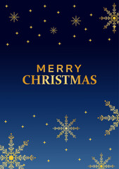 Traditional Christmas Holiday card with gold snowflakes on navy blue background and copy space for weddings, parties, corporate gatherings, online promotions, flyers, posters.