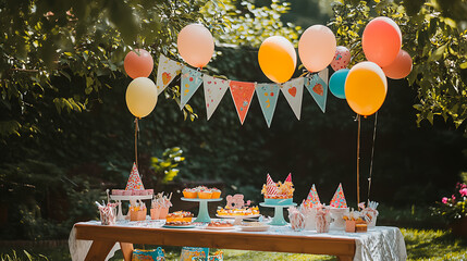 A garden party setup with a playful banner, balloons in every corner, and cute party hats laid out on a decorated table 