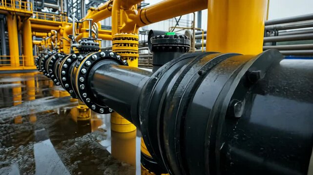 A close-up of a large black pipe with multiple flanges and bolts at an industrial plant