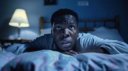 Man lying in bed with wide-open eyes, showing deep concern and fatigue, unable to sleep in dimly lit room with soft glow from nightstand lamp.