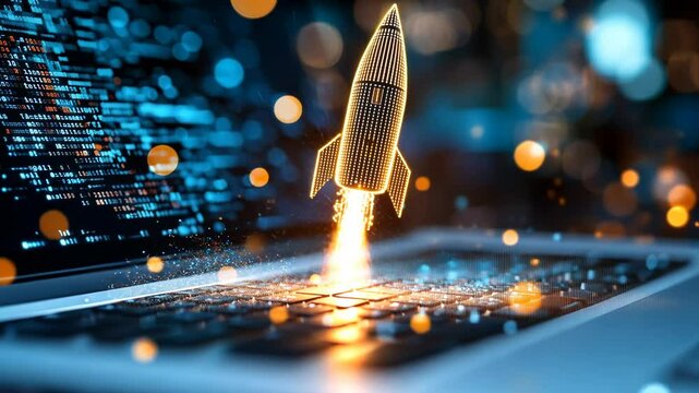 A glowing rocket ship takes off from a laptop keyboard, representing the launch of a new business venture
