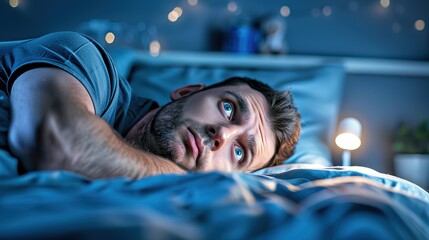 Man lying in bed with wide-open eyes, showing deep concern and fatigue, unable to sleep in dimly lit room with soft glow from nightstand lamp.