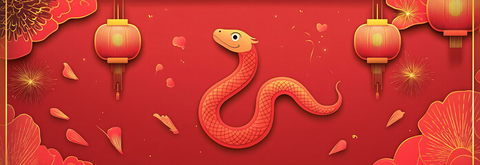 Colorful snake illustration surrounded by lanterns and flowers celebrating the new year’s festivities in a vibrant red backdrop