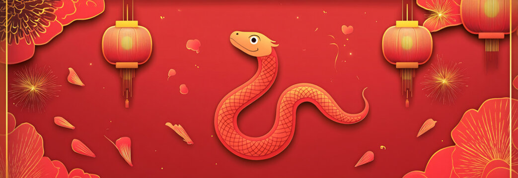 Colorful snake illustration surrounded by lanterns and flowers celebrating the new year’s festivities in a vibrant red backdrop