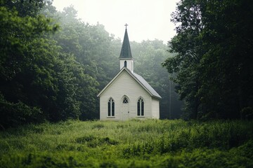 A Quaint Country Church Nestled in a Lush Forest Landscape