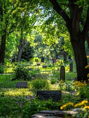 A Serene Memorial Garden Surrounded by Lush Foliage and Sunlit Pathways