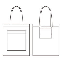 Minimalist outline of a tote bag with front pocket, clean and simple design.
