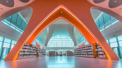 Fototapeta premium Modern library interior featuring unique architectural design and bookshelves. AI Image
