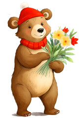 Naklejka premium Christmas bear clipart, cute Christmas bear, Santa bear design, Christmas animals, bear with Santa hat, Christmas decorations PNG, winter graphics