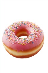 A freshly baked donut with pink icing and colorful sprinkles on a white background, perfect for dessert lovers