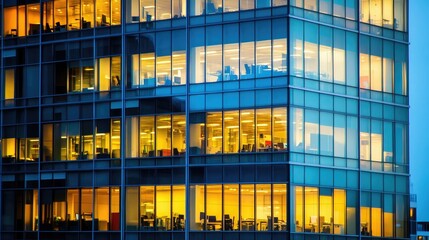 Modern Office Building with Illuminated Windows at Dusk