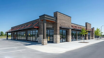 Modern Retail Building with Glass Frontage and Clear Sky