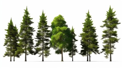 A row of seven evergreen trees with one deciduous tree in the middle, isolated on a white background.