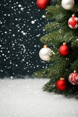 A decorated Christmas tree with ornaments and falling snowflakes.