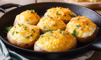 Cheesy baked potatoes cooked in a skillet, Generative AI
