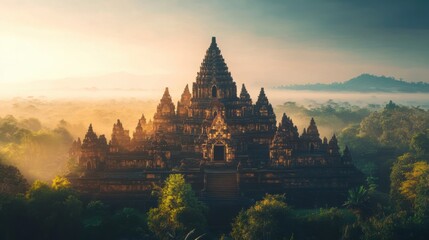 An expansive shot of a majestic ancient temple with ornate