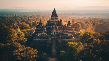 An expansive shot of a majestic ancient temple with ornate