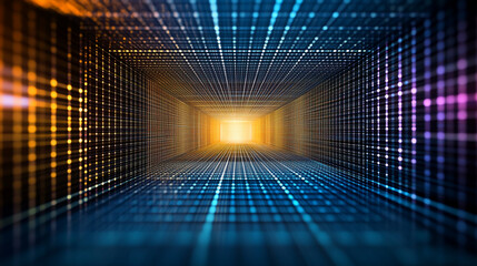 A blue grid with glowing lines on a dark background, a futuristic digital landscape background, Digital network technology futuristic theme illustration concept. 