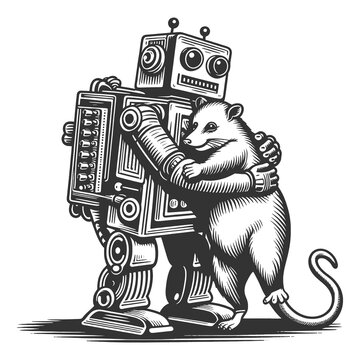 recommend clip art: possum hugging a vintage-style robot, unusual friendship with a whimsical, retro artistic style sketch engraving generative ai raster illustration. Scratch board imitation. Black and white image.
