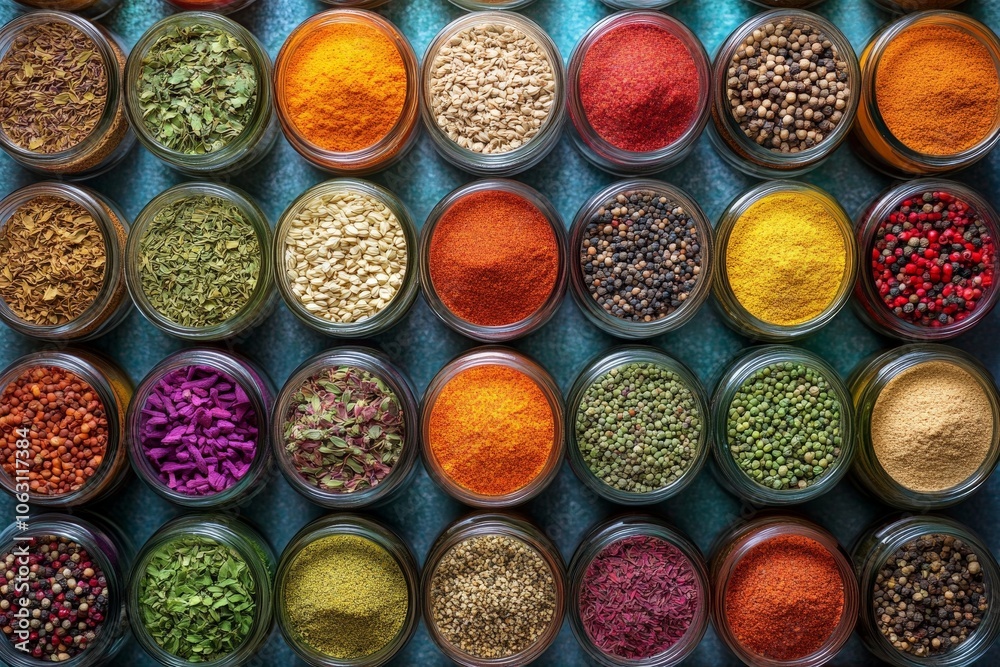Poster A rich spectrum of spices in glass jars is laid out against a textured background, beautifully expressing a colorful and flavorful universe of culinary possibilities.