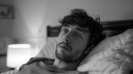 Man lying in bed with wide-open eyes, showing deep concern and fatigue, unable to sleep in dimly lit room with soft glow from nightstand lamp.