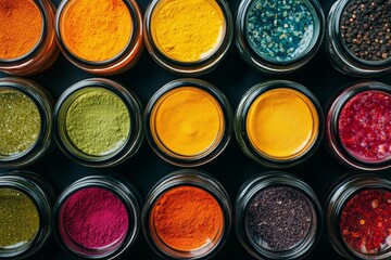 An engaging collection of diverse spices displayed in glass jars, showcasing an array of vibrant colors, offering a rich sense of flavor and culinary history.