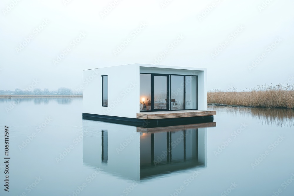 Poster a sleek, modern floating house with large windows floats on a serene lake surrounded by reeds, beaut