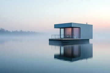 A cube-shaped floating home rests amidst a misty dawn ambiance, wherein delicate light infuses the tranquil scene, emphasizing modern architectural design simplicity.