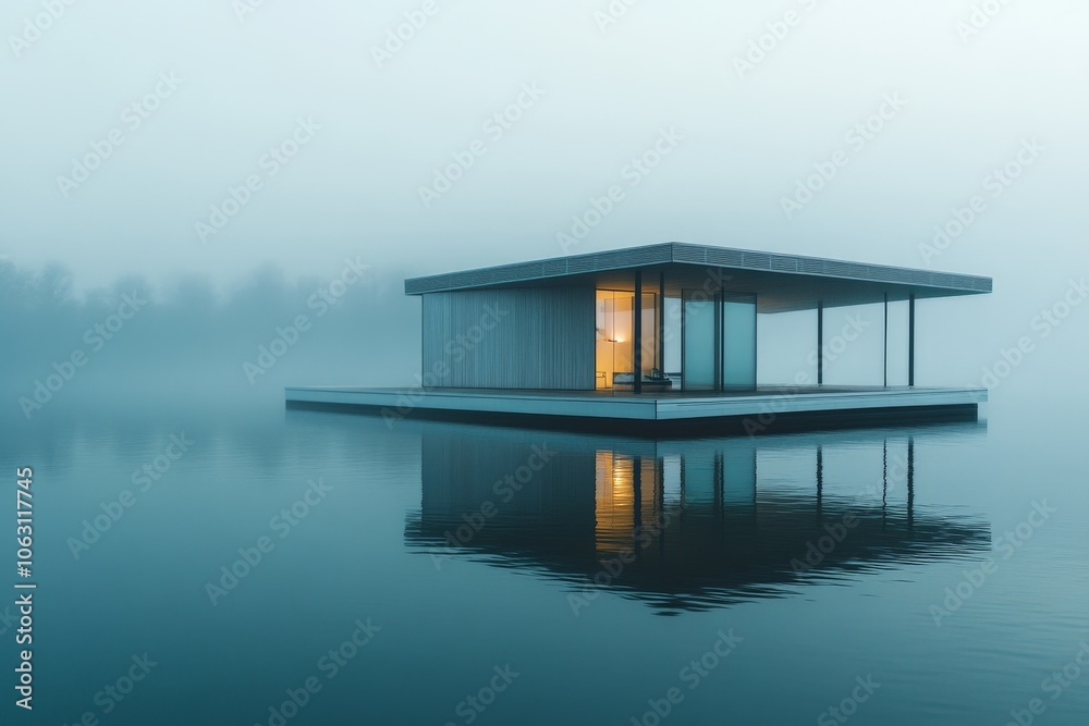 Poster An elegant floating dwelling rests on a tranquil, reflective lake. The serene scene captures the essence of simplicity, peace, and harmonious modern design.