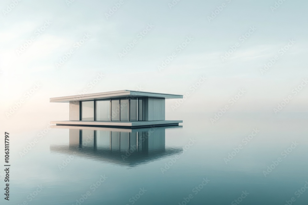 Poster a contemporary floating lakehouse features large glass windows, offering sweeping views of the surro