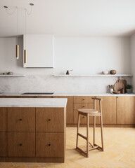 A minimalist kitchen with wood accents and marble surfaces, ideal for cooking and entertaining