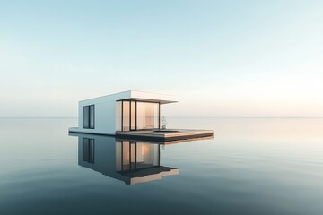A minimalist design of a floating house with panoramic windows and a crisp reflection on the calm lake water, illustrating modern living in nature.