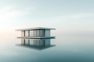 A contemporary floating lakehouse features large glass windows, offering sweeping views of the surrounding water, symbolizing modern luxury and openness.