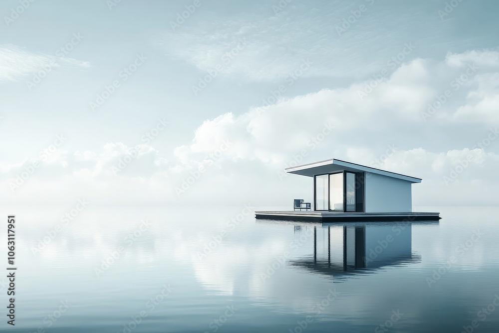 Leinwandbilder a minimalistic floating home, surrounded by an expanse of calm water and a soft cloudy sky, captures