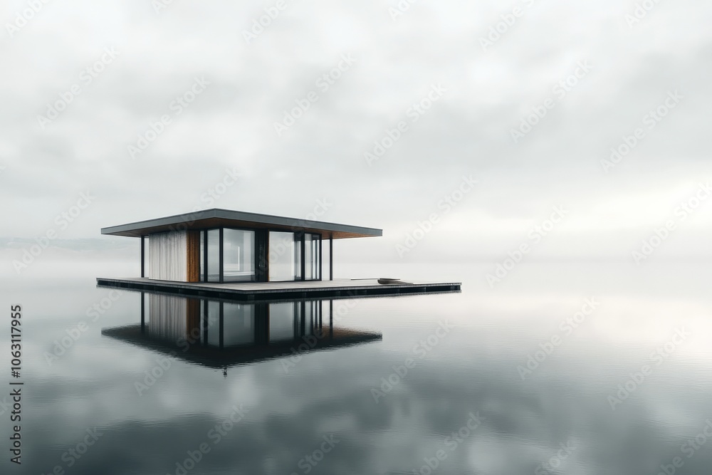 Poster a sleek, minimalist cabin sits gracefully on a calm, misty lake, perfectly harmonizing with the sere