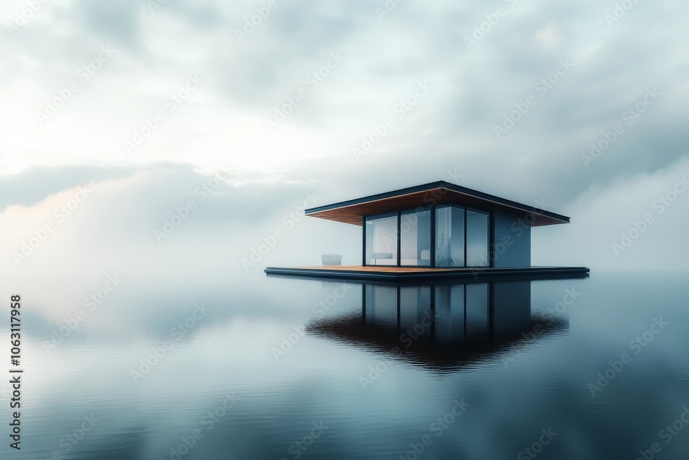 Poster a modern floating haven rests on peaceful, misty waters, surrounded by an ethereal atmosphere that e