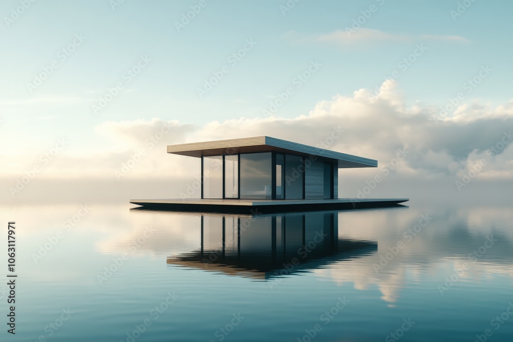 Poster a sleek, contemporary floating structure is set against a backdrop of tranquil water and clouds, sea
