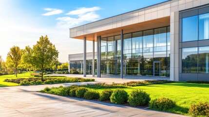 Naklejka premium Modern Building with Glass Facade and Green Landscaping