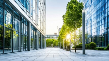 Fototapeta premium Modern Urban Landscape with Glass Buildings and Trees