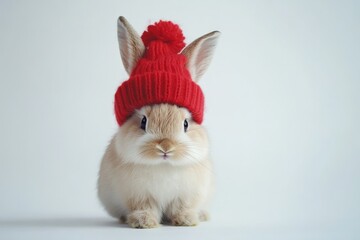 Obraz premium A delightful image of a small, fluffy bunny wearing a vibrant red knitted hat with a pom-pom, creating a charming winter-themed scene with a cozy impression.