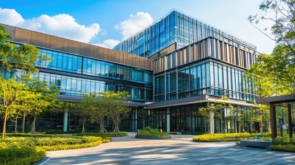 Modern Glass Building with Green Landscape