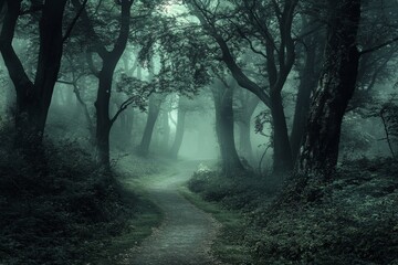 Obraz premium An eerie path winds through a dense, mist-shrouded forest, enveloped in shadows cast by towering, ancient trees, creating a mysterious and enchanting atmosphere.